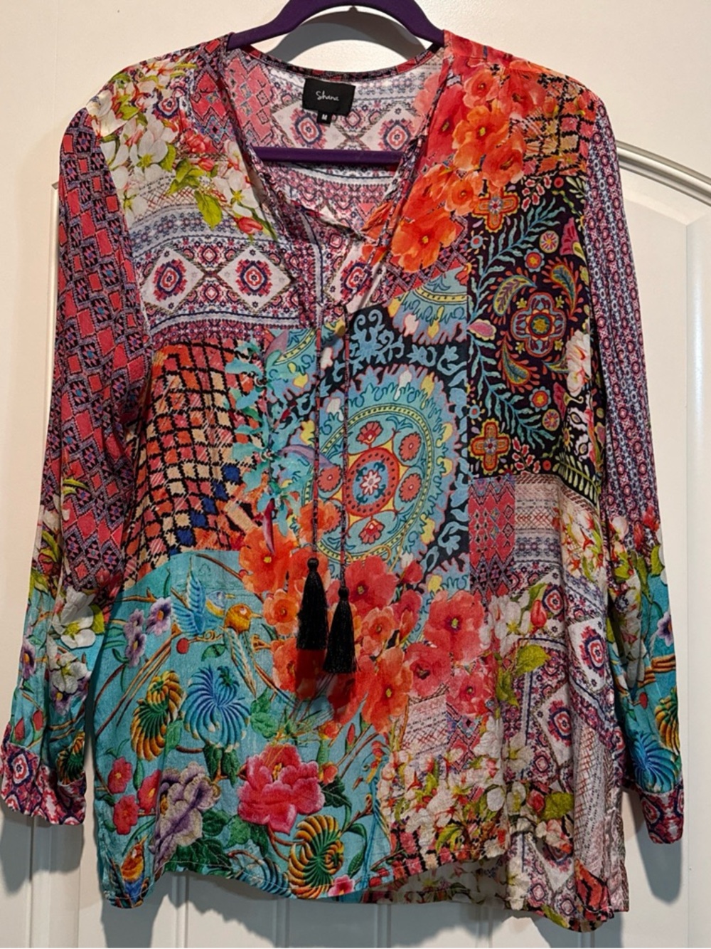 SHANA Multicolor Art to Wear Floral V-Neck Tunic with Tassels